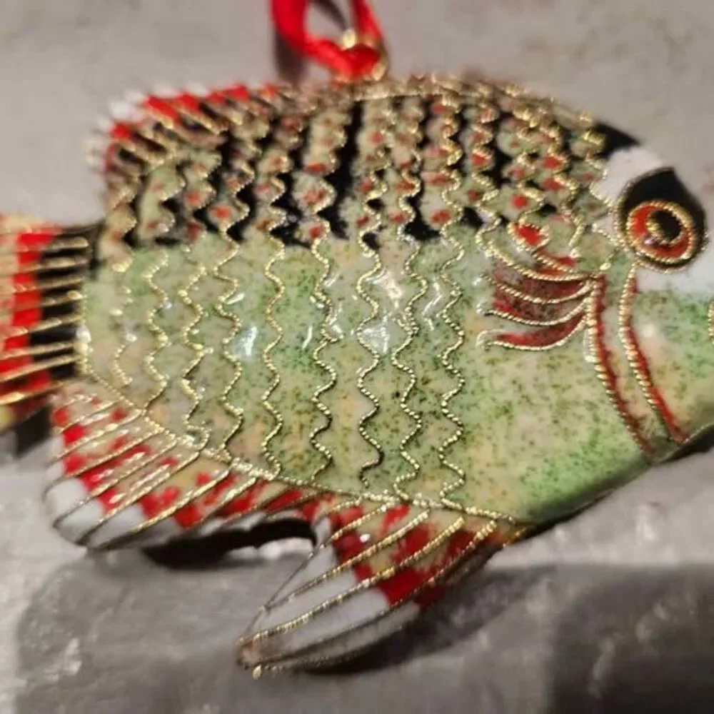 Metal Cloisonne Fish Ornament with Red Ribbon and Gift Box 3